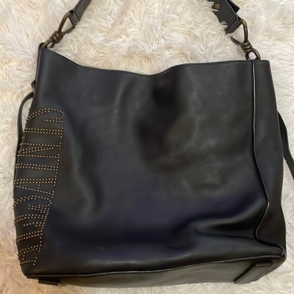 All Saints • Black Leather Bucket Shoulder Bag • brass metal studded logo